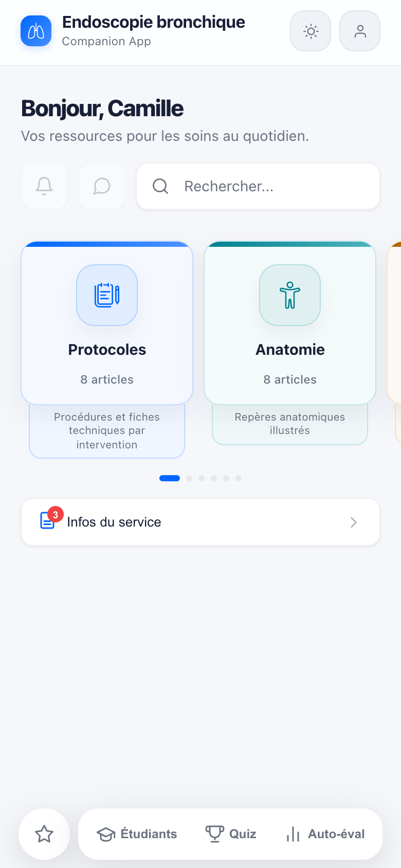 Accueil réel de BlocPocket : recherche et cartes de la spécialité.